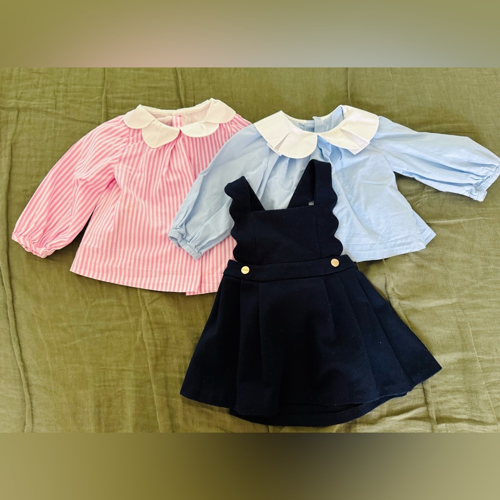 Jacadi Pink Striped & Light Blue Blouses with Blue Pinafore Set